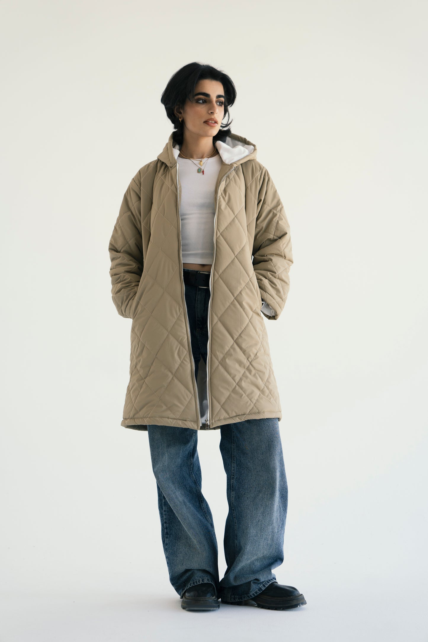 Hooded Puffer Jacket in Beige