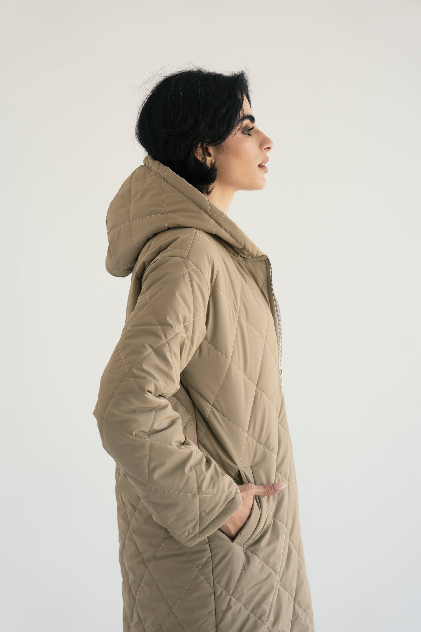 Hooded Puffer Jacket in Beige