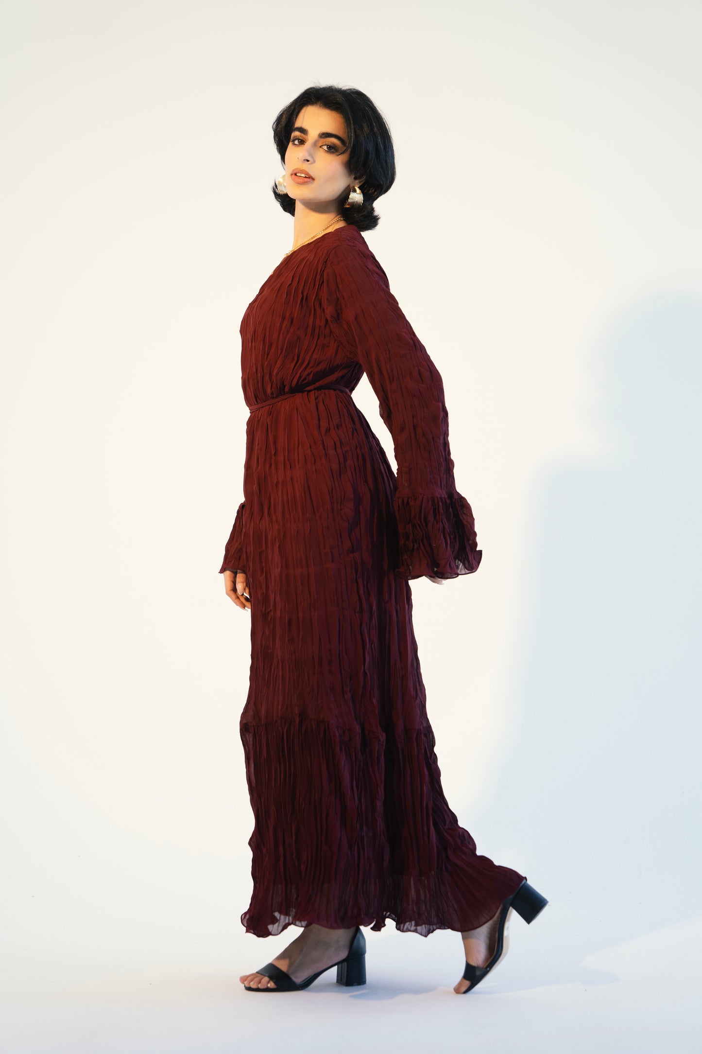 Sunshine Pleated Chiffon Dress in Maroon