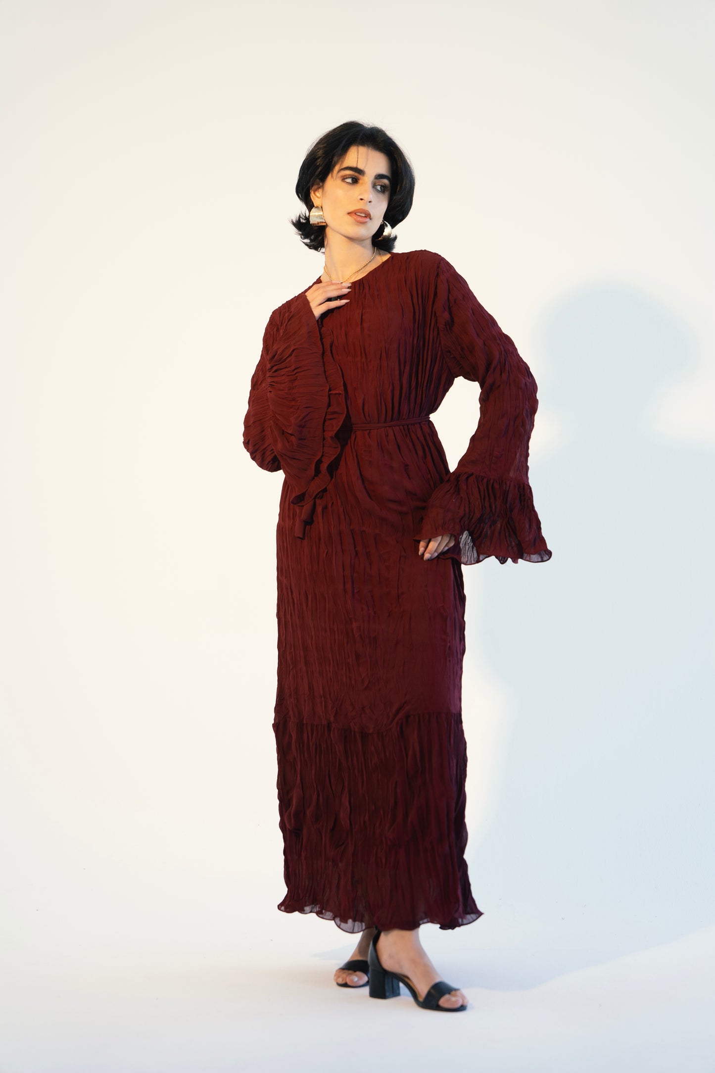 Sunshine Pleated Chiffon Dress in Maroon