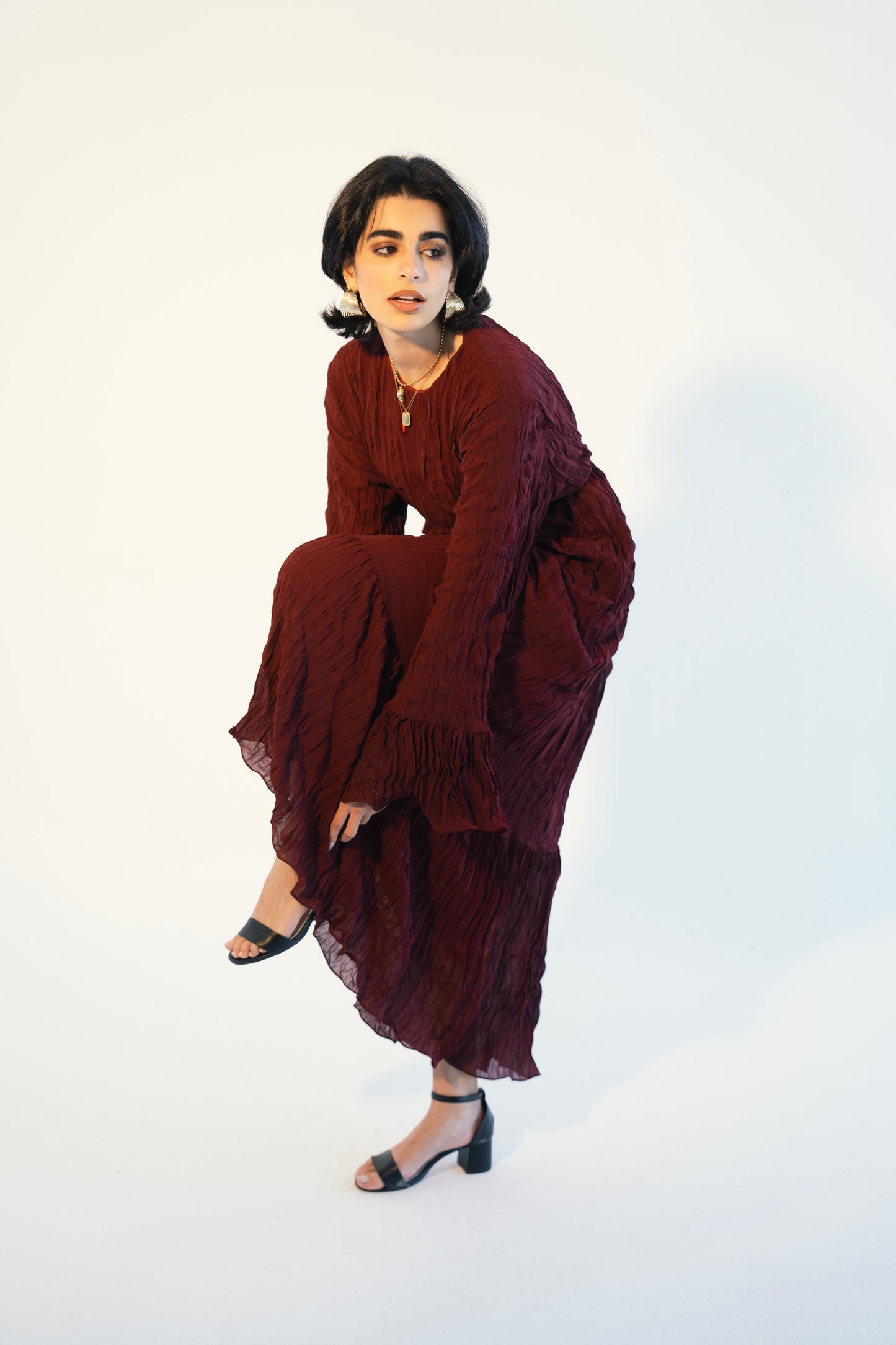 Sunshine Pleated Chiffon Dress in Maroon