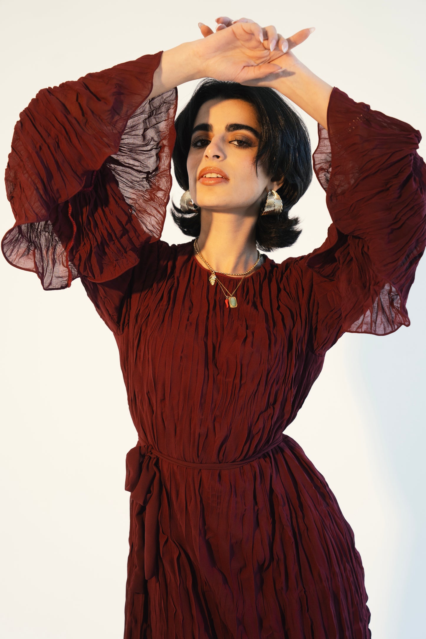 Sunshine Pleated Chiffon Dress in Maroon