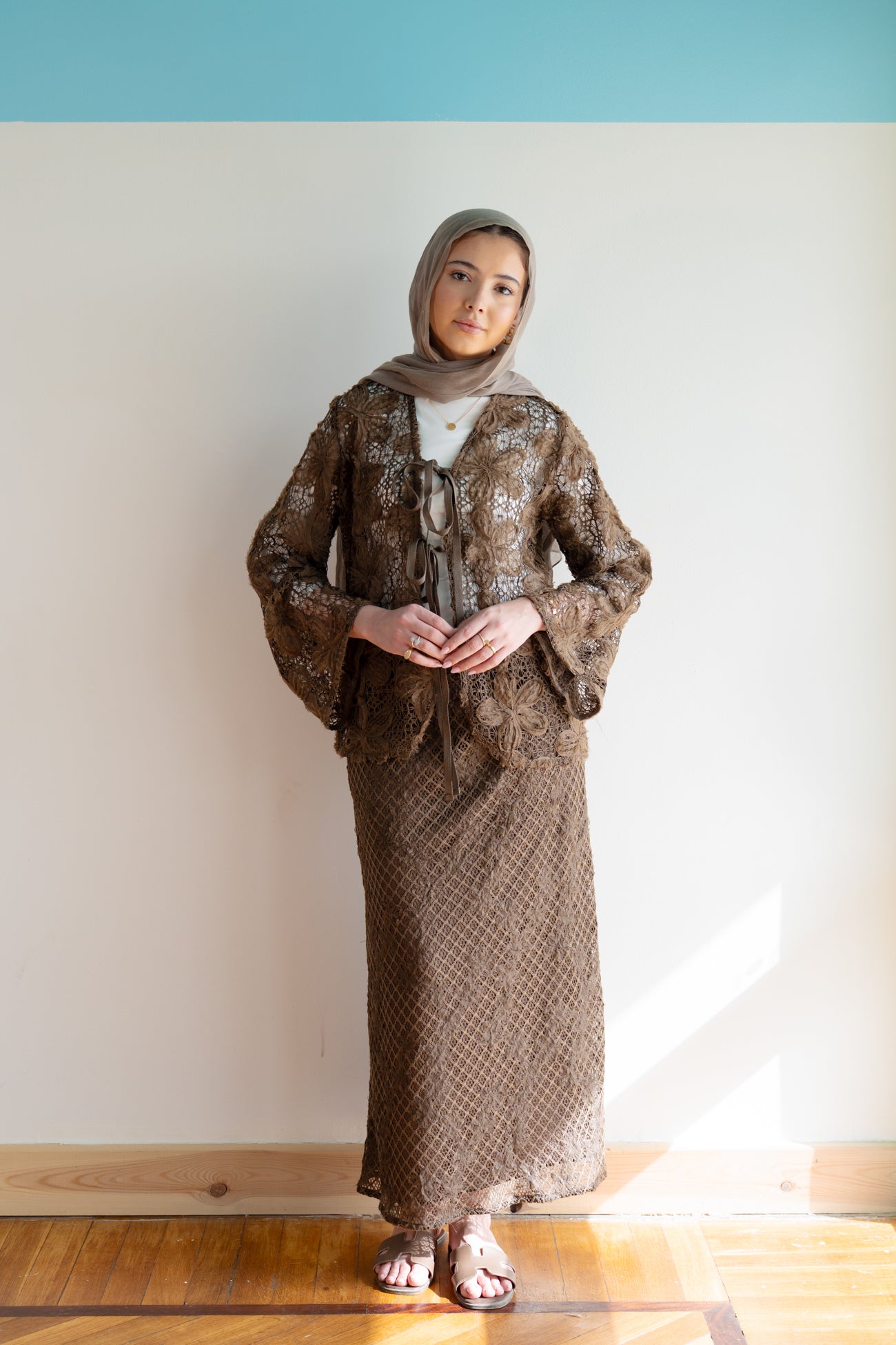 Lace Organza Floral Cardigan in Brown