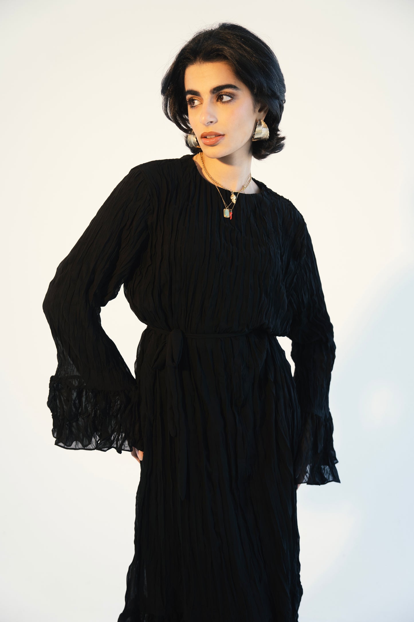Sunshine Pleated Chiffon Dress in Black