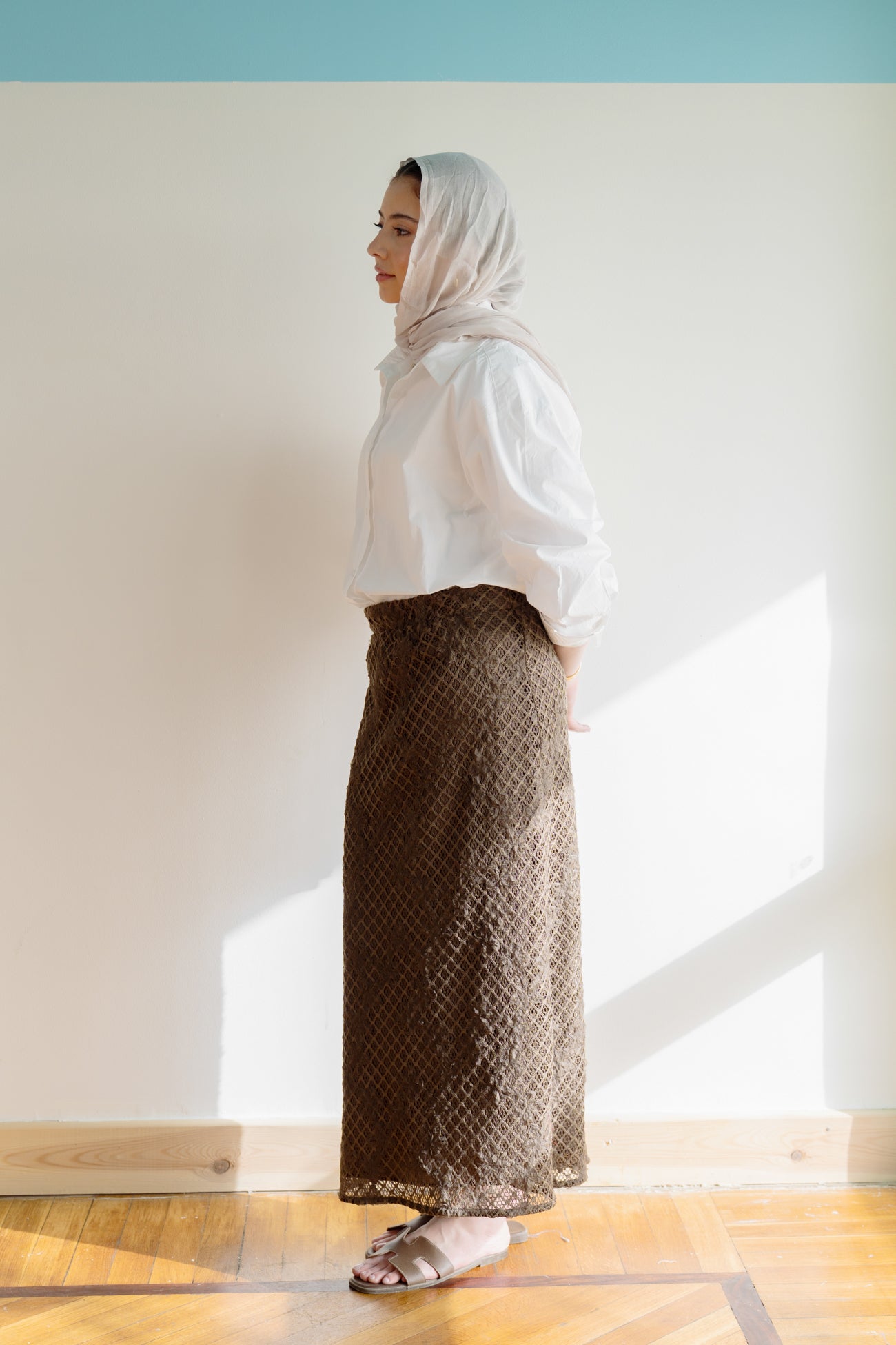 Lace Organza Floral Skirt in Brown