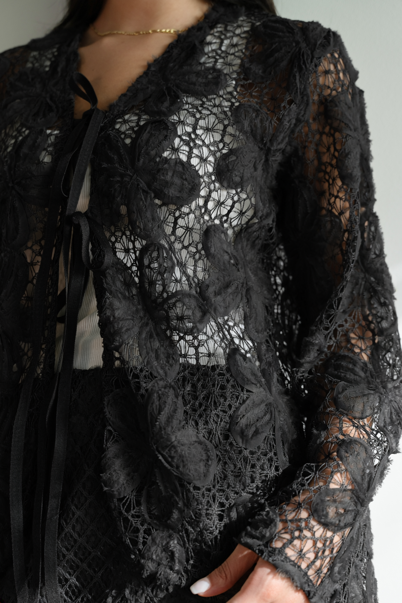 Lace Organza Floral Cardigan in Black