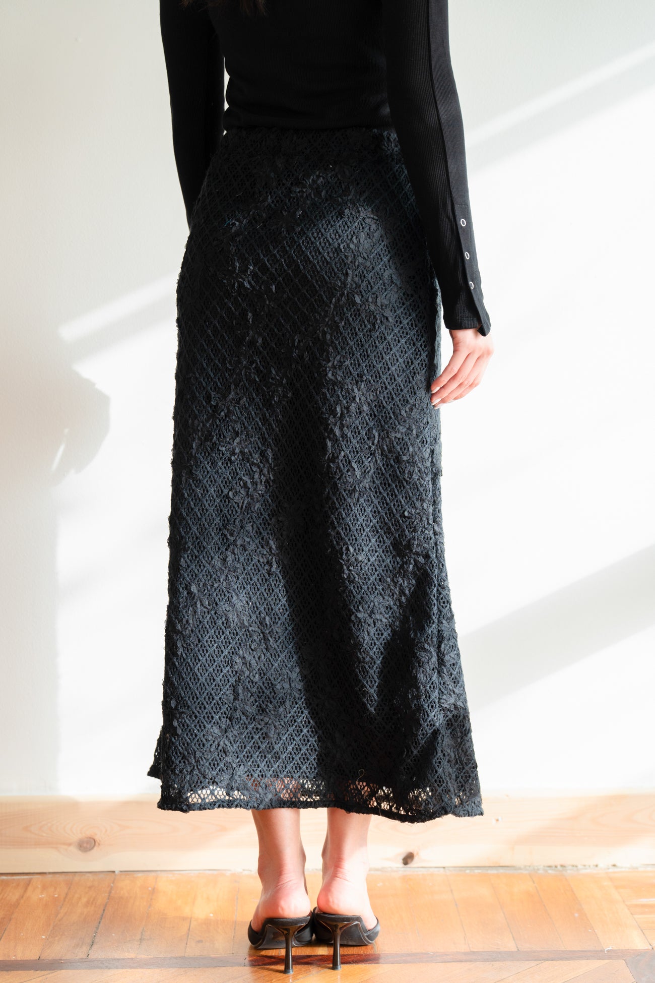 Lace Organza Floral Skirt in Black