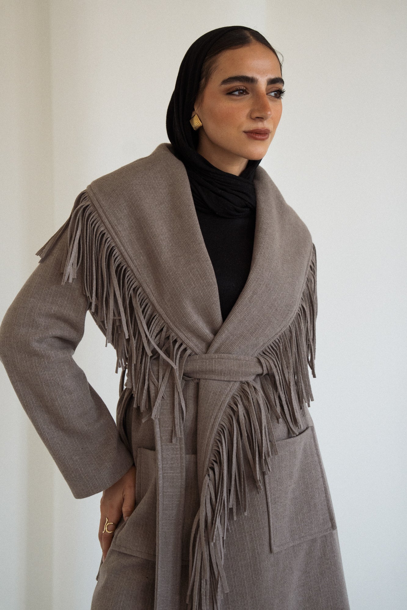 The Fringe Wrap Coat in Greige