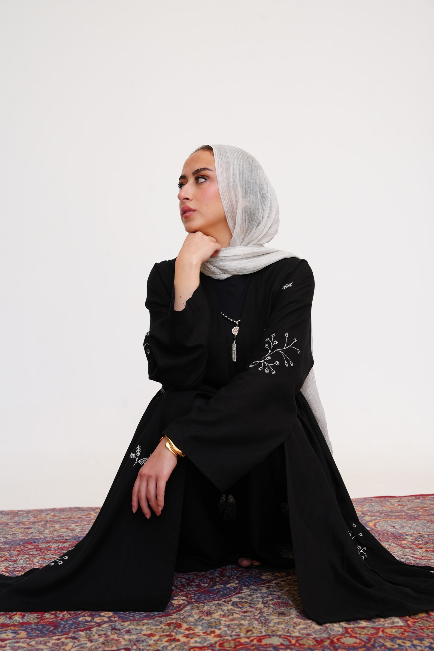 Embroidered Linen Kaftan in Black