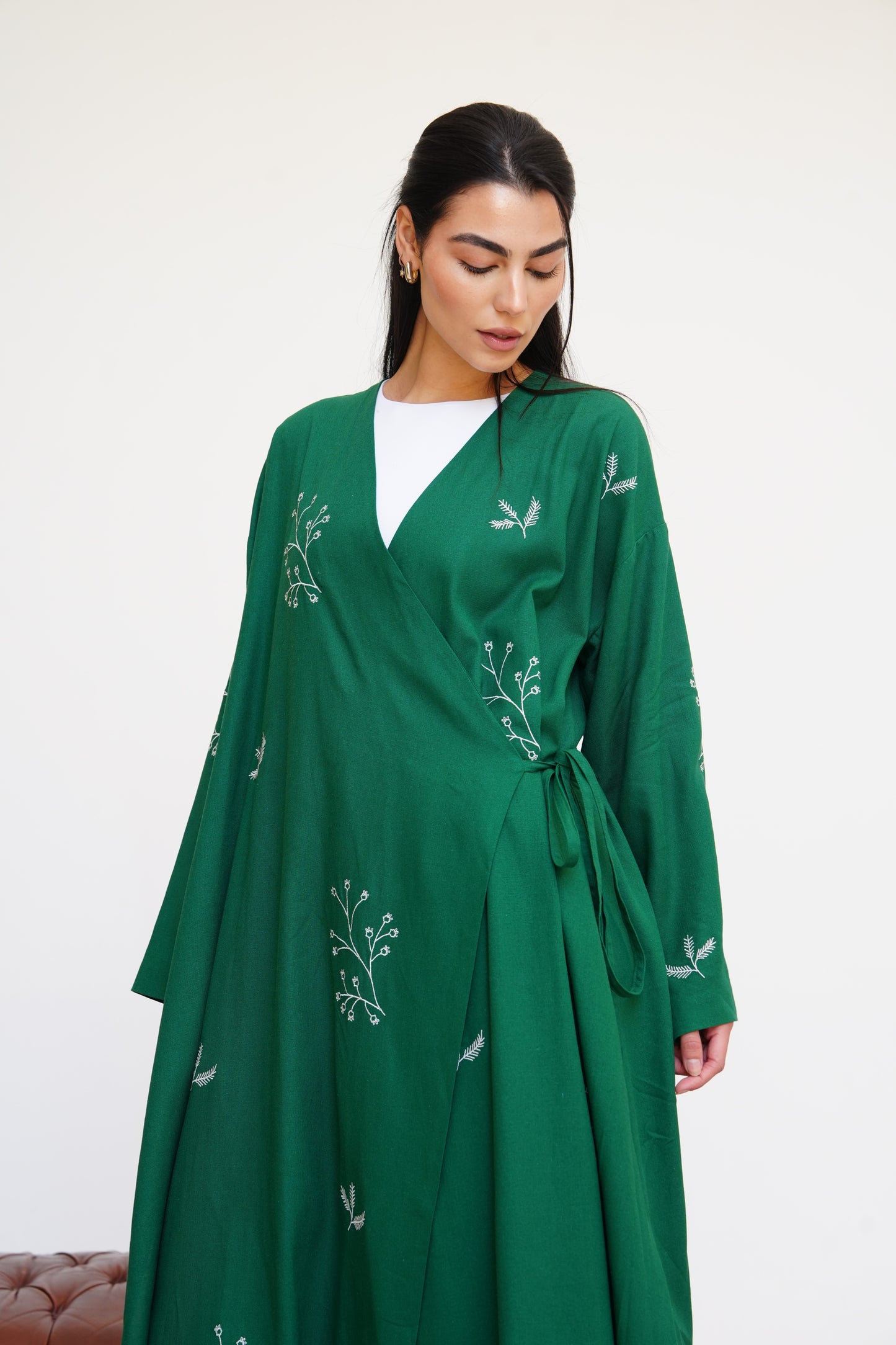 Embroidered Linen Kaftan in Emerald Green