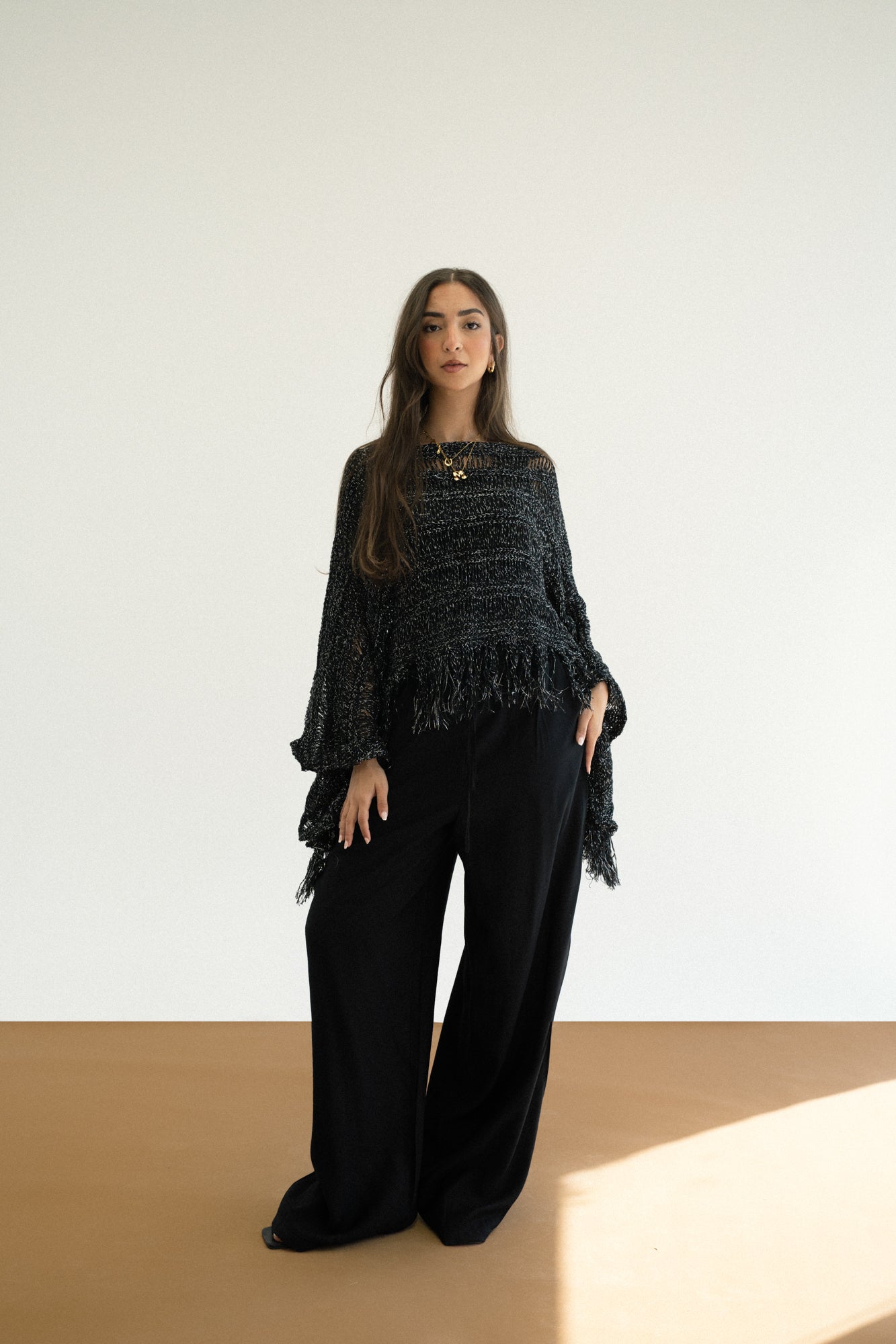Cape-Style Knit Blouse in Shimmer Black