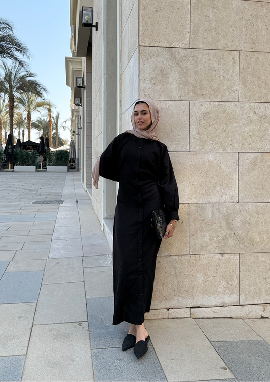 Linen Flow Shirt Dress in Black