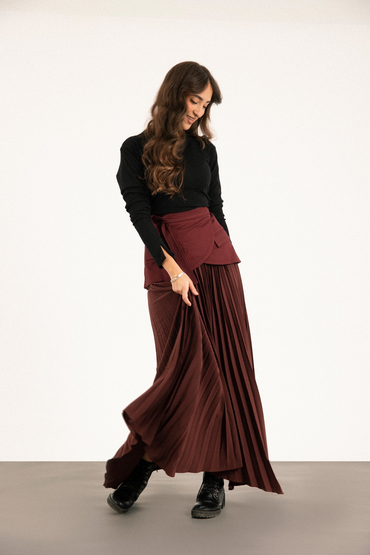 Belted Asymmetry Skirt in Burgundy