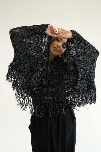 Cape-Style Knit Blouse in Shimmer Black