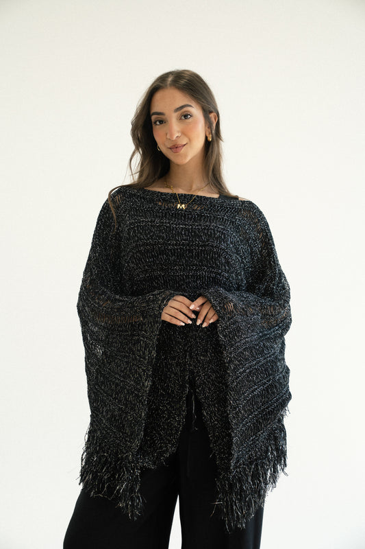 Cape-Style Knit Blouse in Shimmer Black