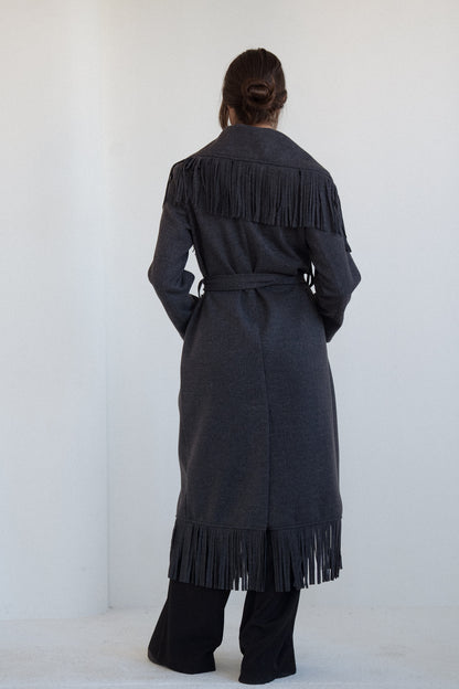 The Fringe Wrap Coat in Dark Grey