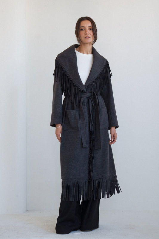 The Fringe Wrap Coat in Dark Grey
