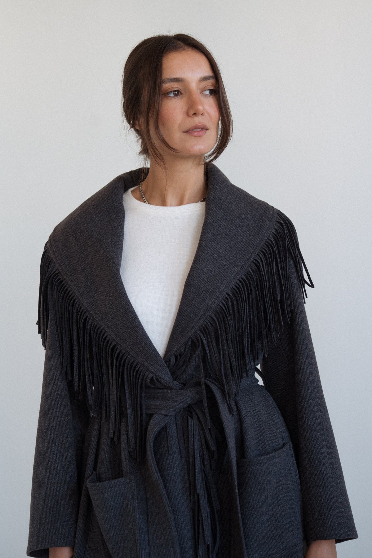 The Fringe Wrap Coat in Dark Grey