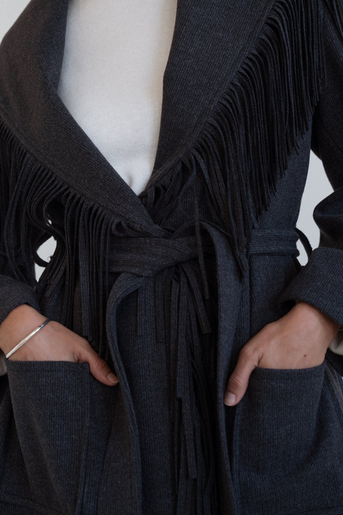 The Fringe Wrap Coat in Dark Grey