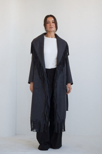 The Fringe Wrap Coat in Dark Grey