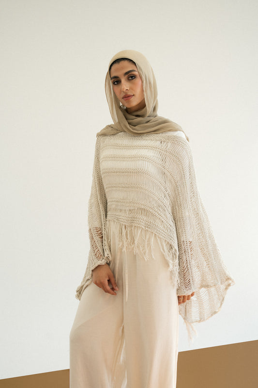 Cape-Style Knit Blouse in Offwhite