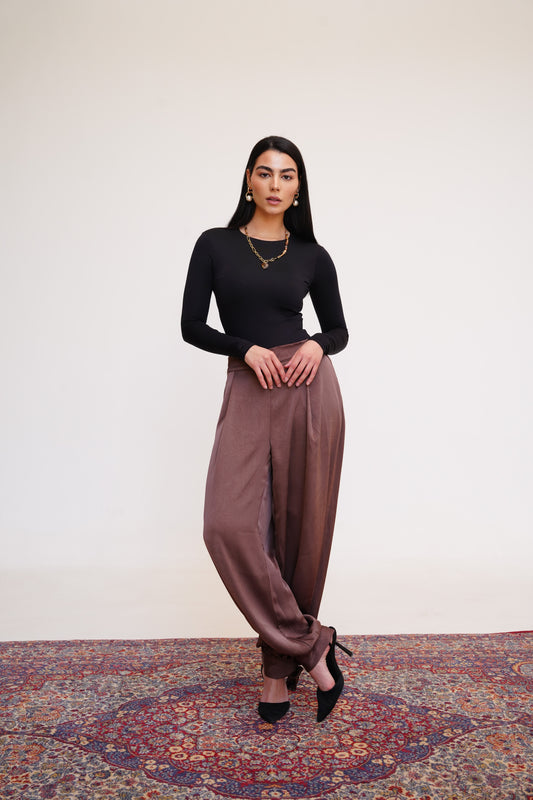 Satin Balloon Pants in Brown