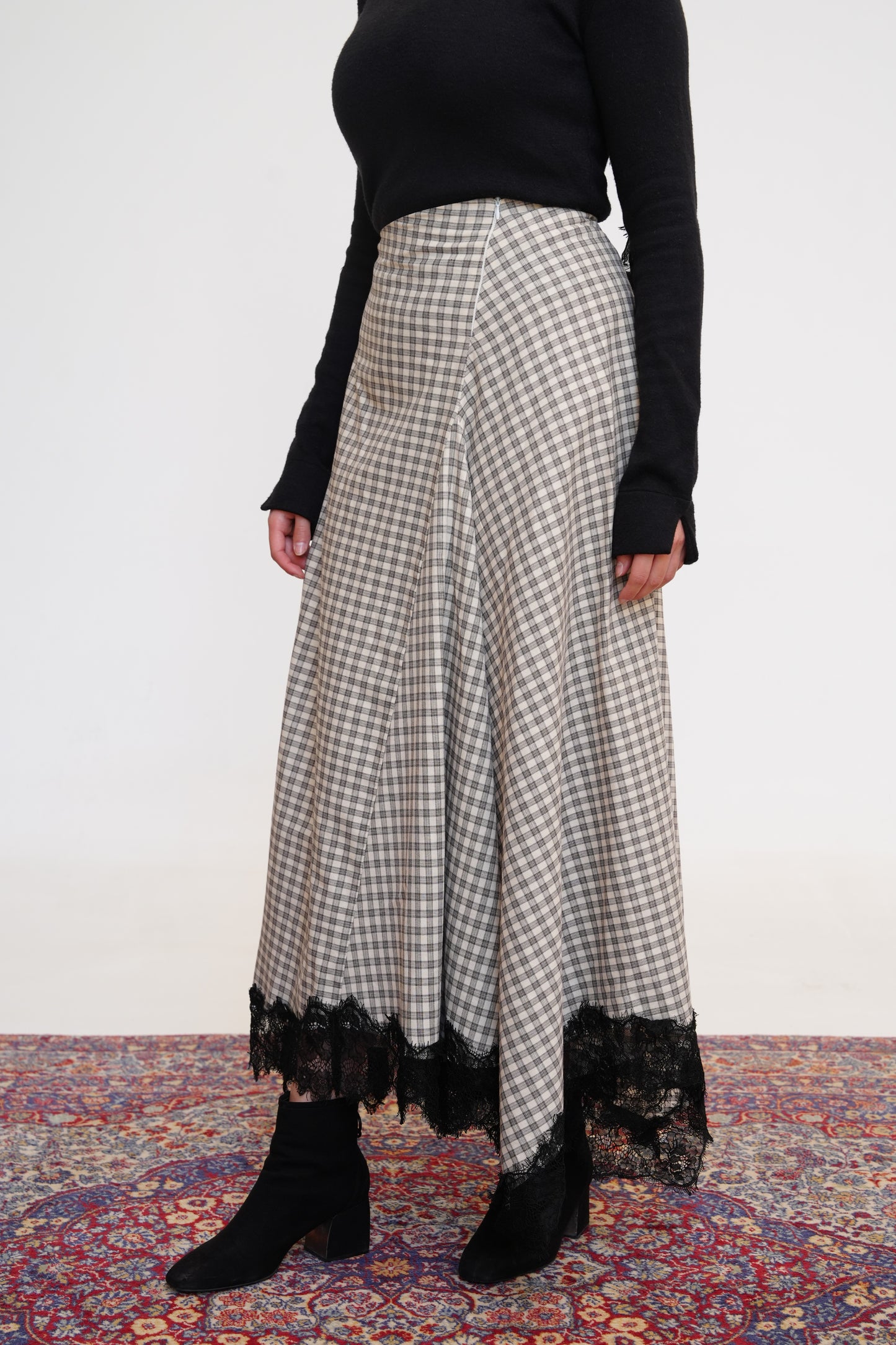 Plaid Lace Maxi Skirt in Beige