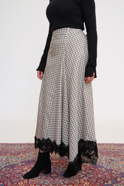 Plaid Lace Maxi Skirt in Beige
