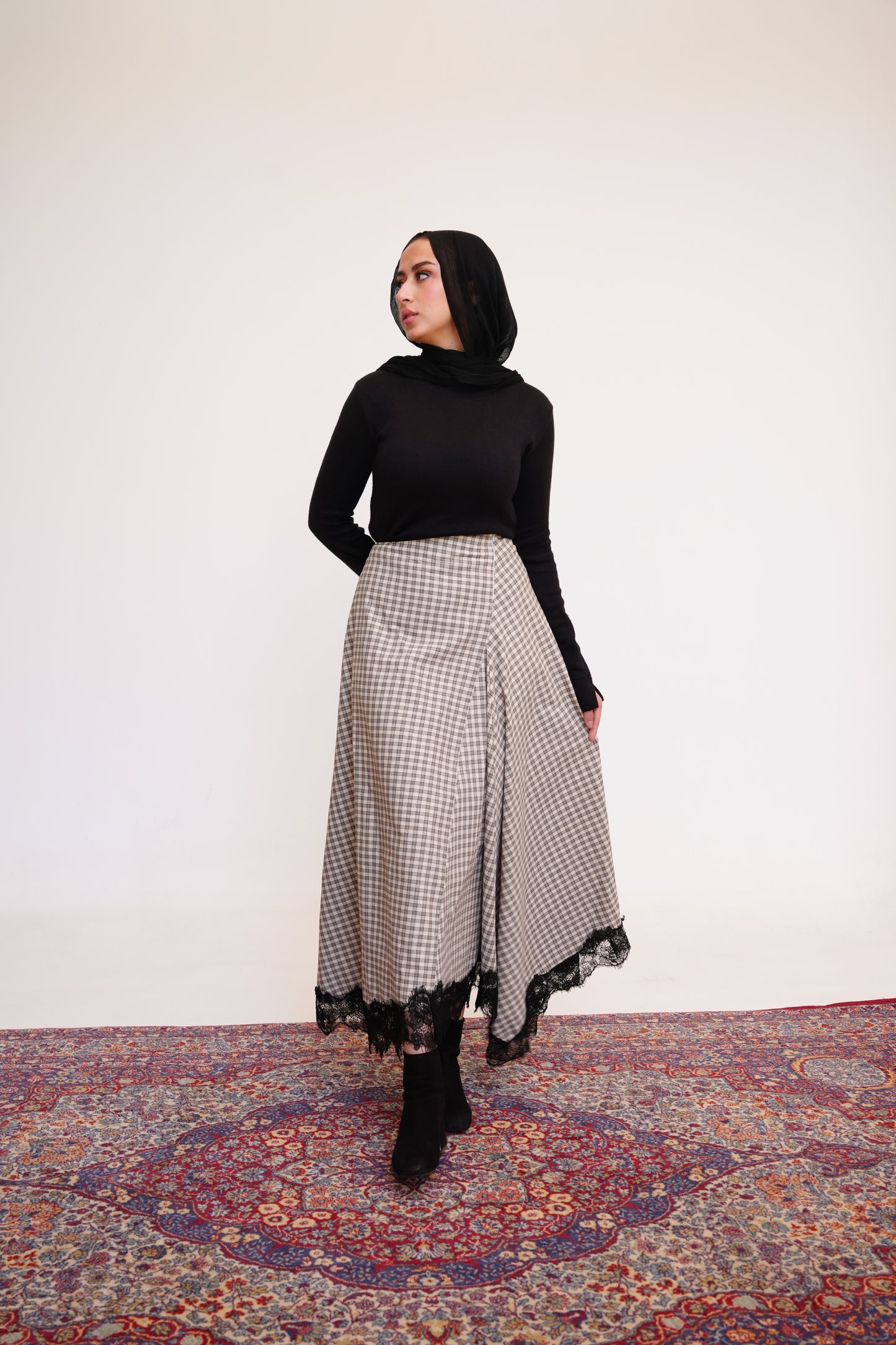 Plaid Lace Maxi Skirt in Beige