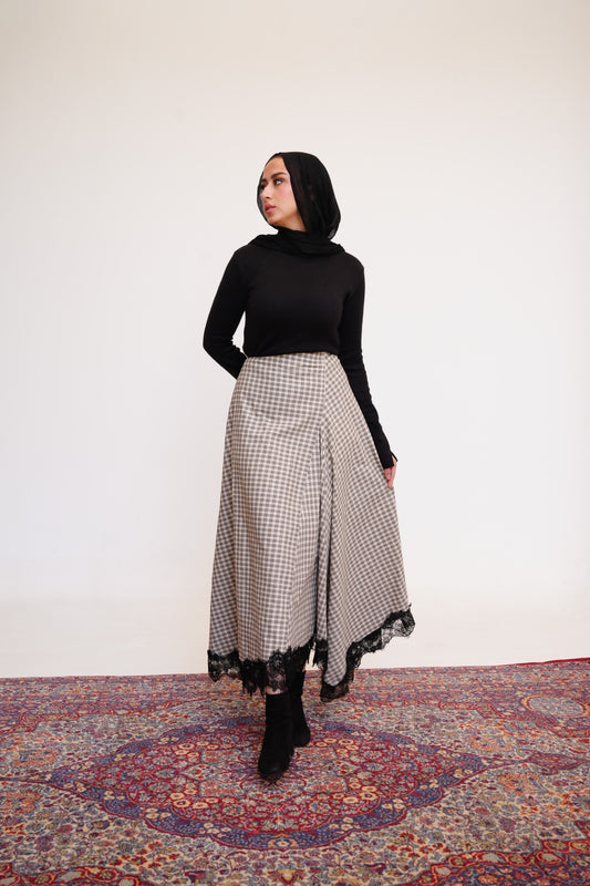 Plaid Lace Maxi Skirt in Beige