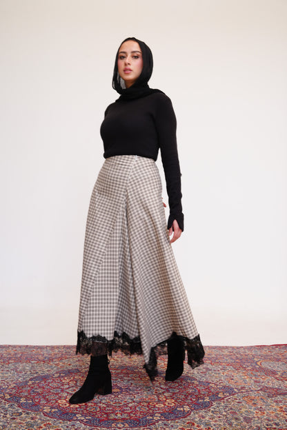 Plaid Lace Maxi Skirt in Beige
