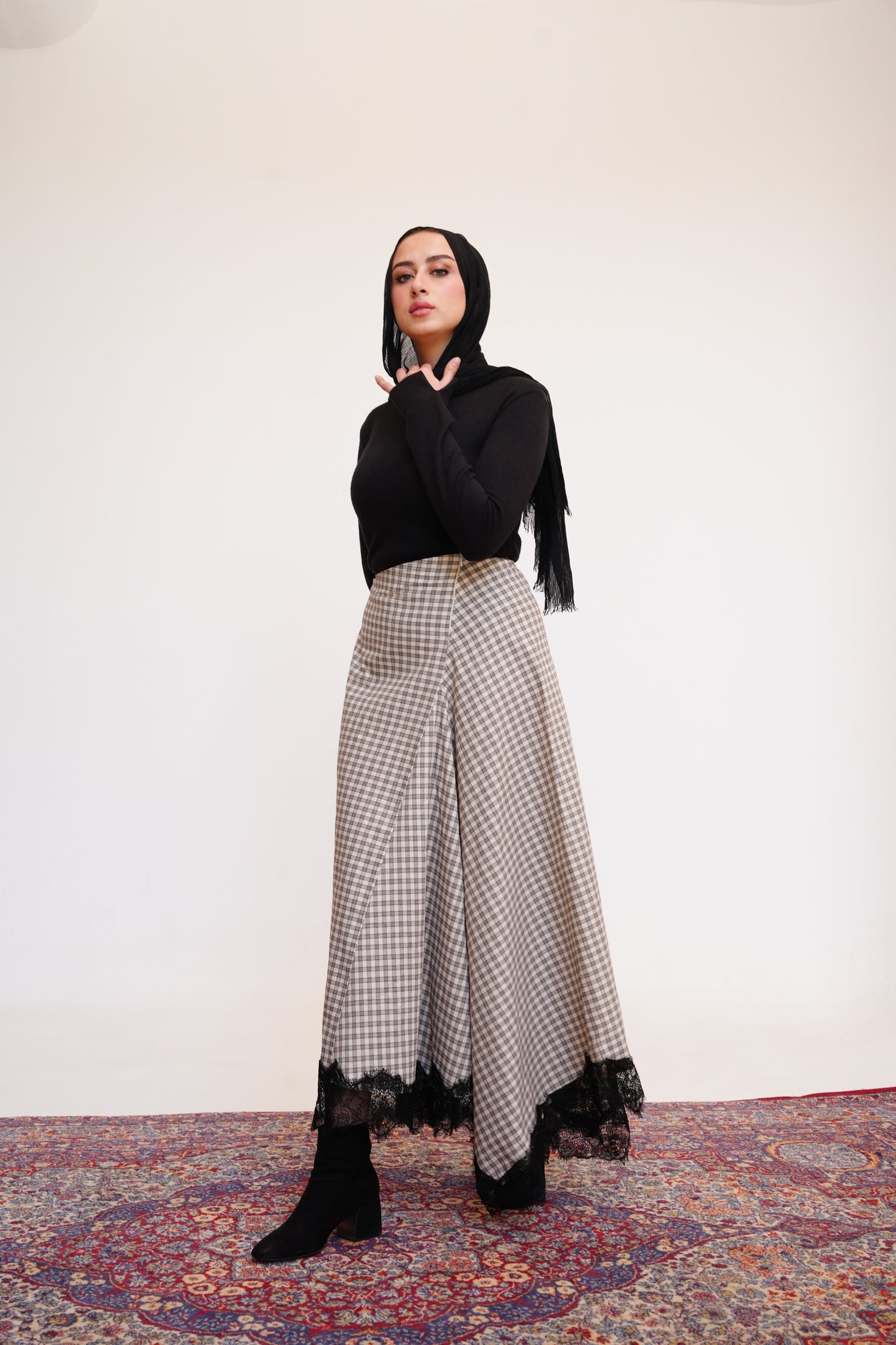 Plaid Lace Maxi Skirt in Beige
