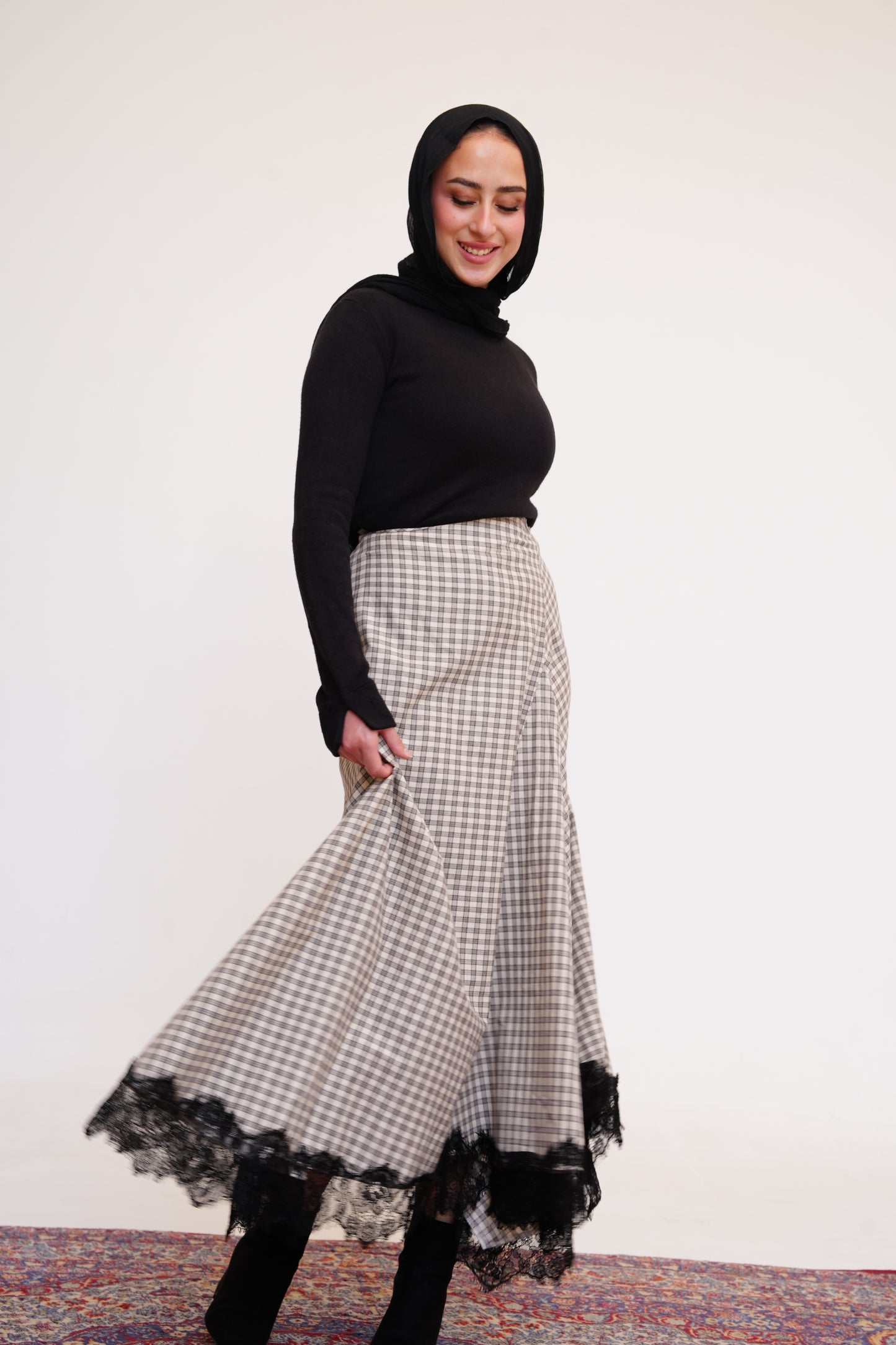 Plaid Lace Maxi Skirt in Beige