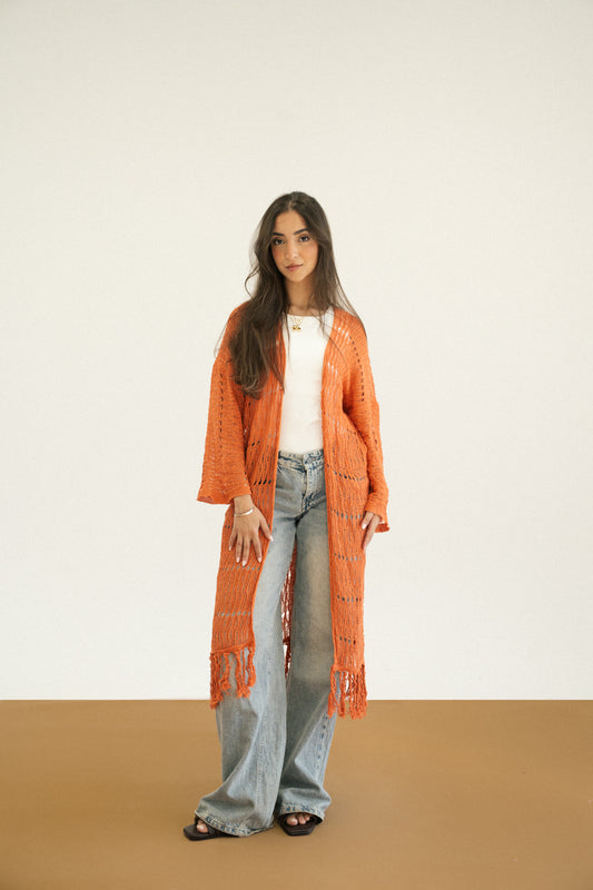 Knit Fringe Cardigan in Orange