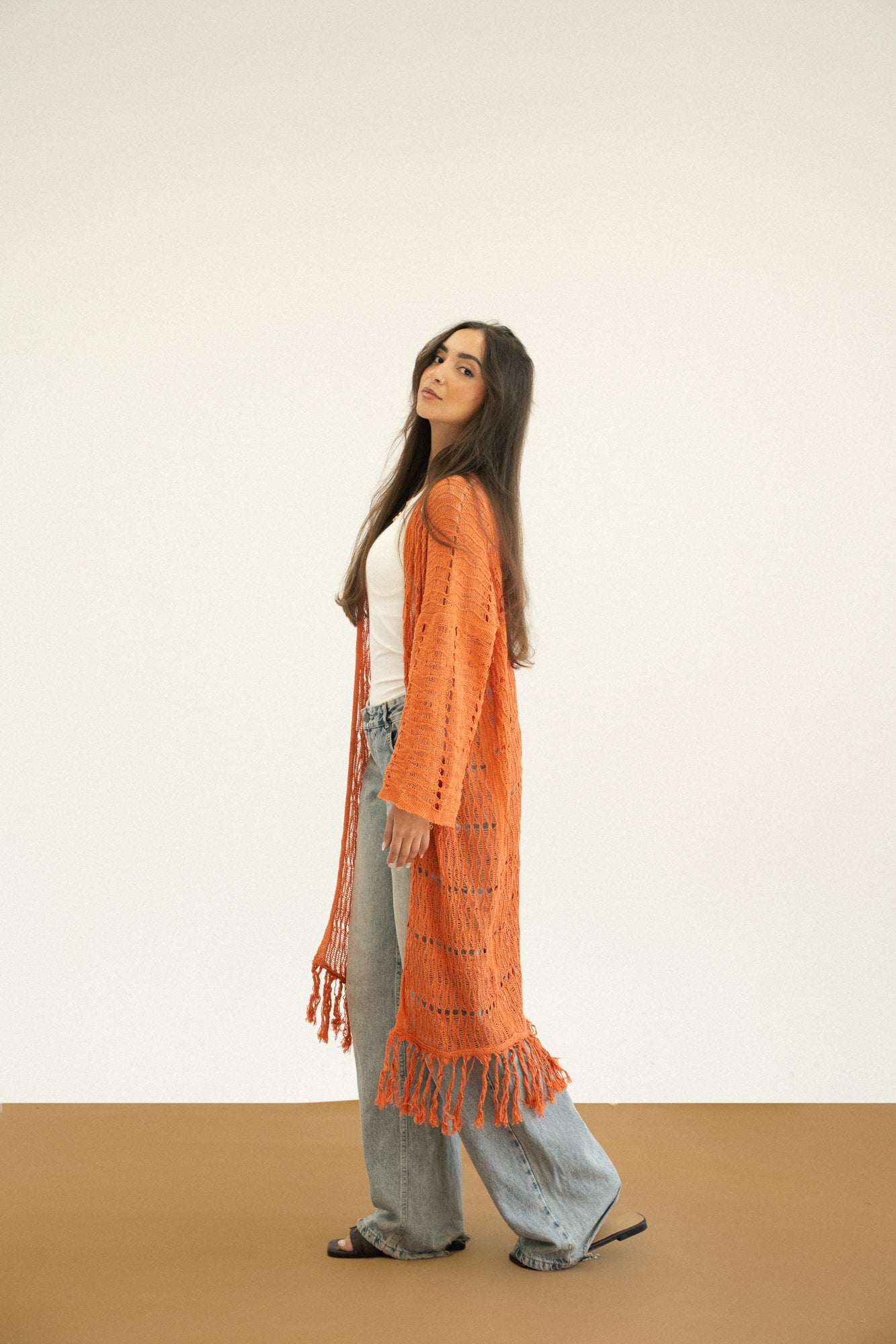 Knit Fringe Cardigan in Orange