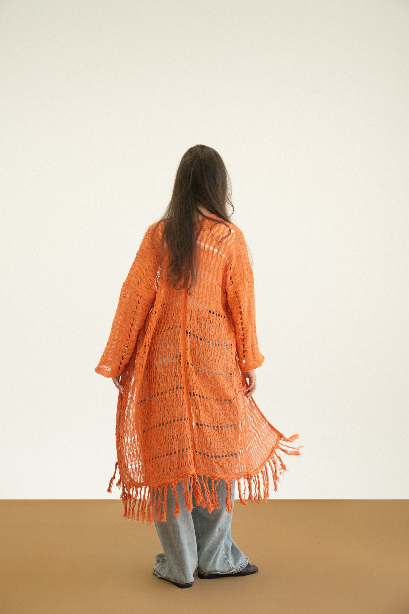 Knit Fringe Cardigan in Orange