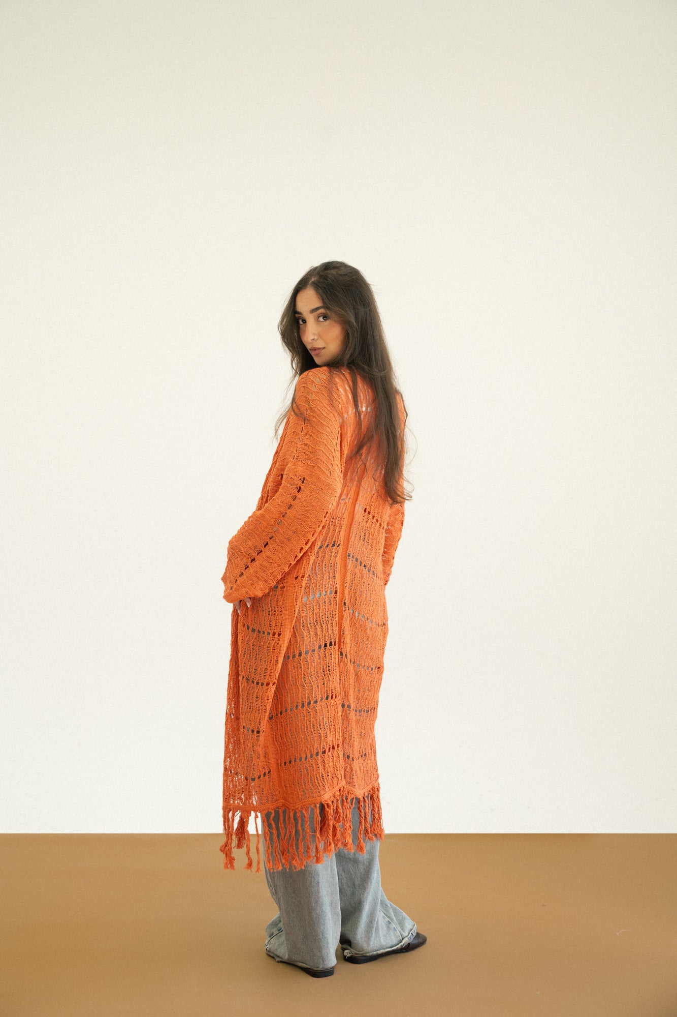 Knit Fringe Cardigan in Orange