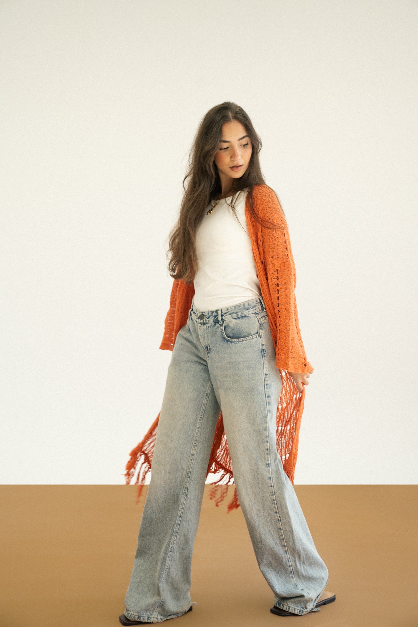 Knit Fringe Cardigan in Orange