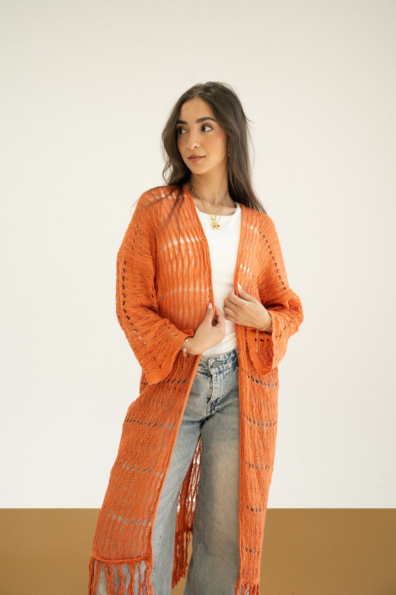 Knit Fringe Cardigan in Orange