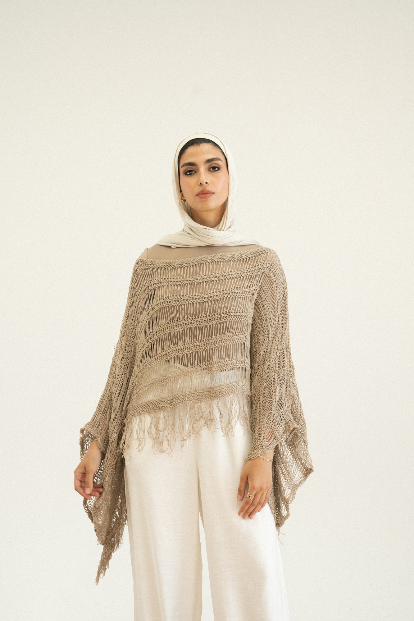 Cape-Style Knit Blouse in Cafe