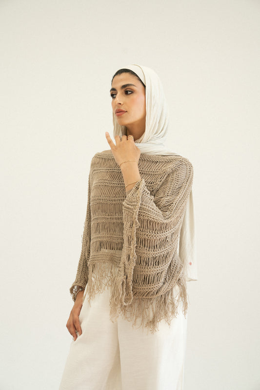 Cape-Style Knit Blouse in Cafe