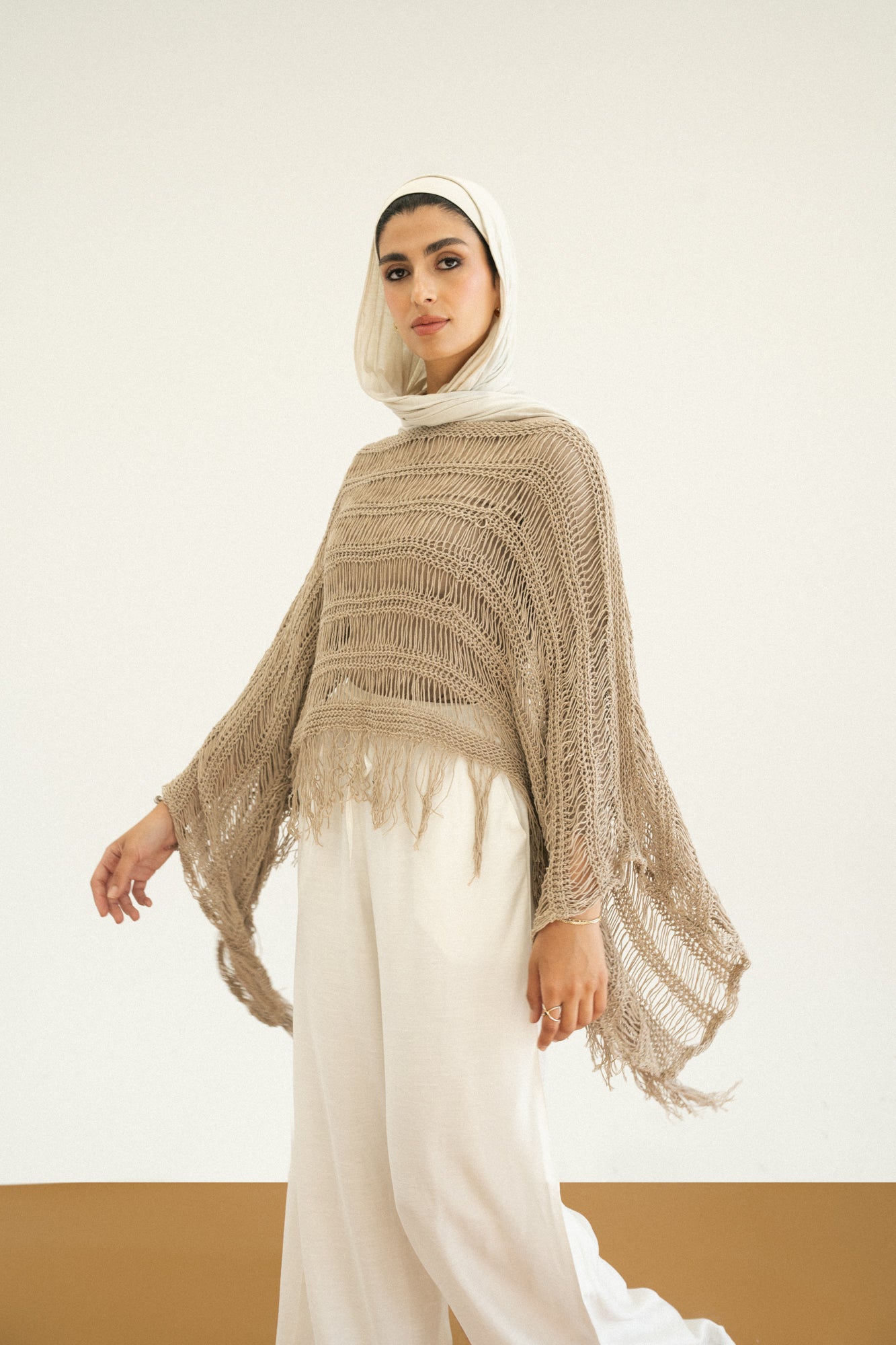 Cape-Style Knit Blouse in Cafe
