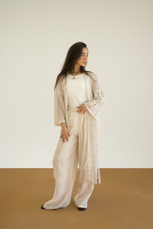 Knit Fringe Cardigan in Offwhite