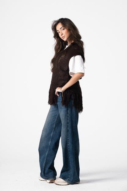 Fringes Knit Vest in Brown