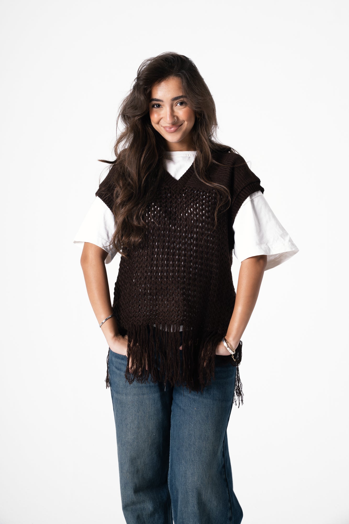 Fringes Knit Vest in Brown