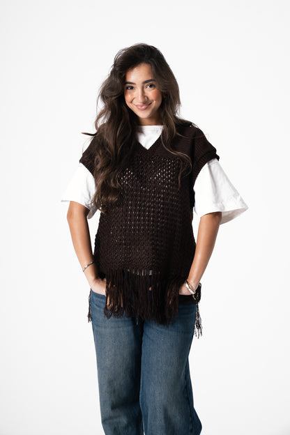 Fringes Knit Vest in Brown