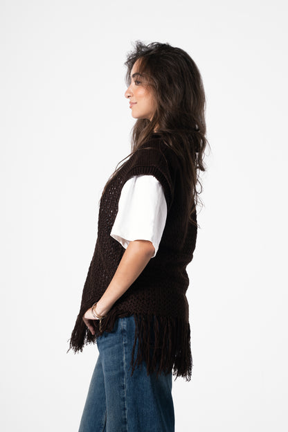 Fringes Knit Vest in Brown