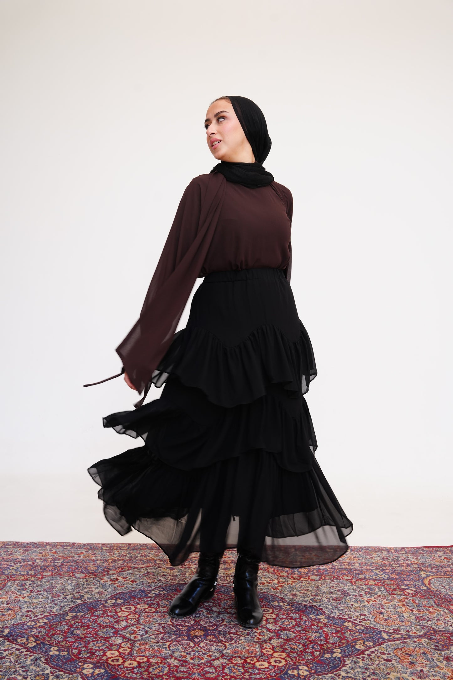 Ruffle Chiffon Skirt in Black