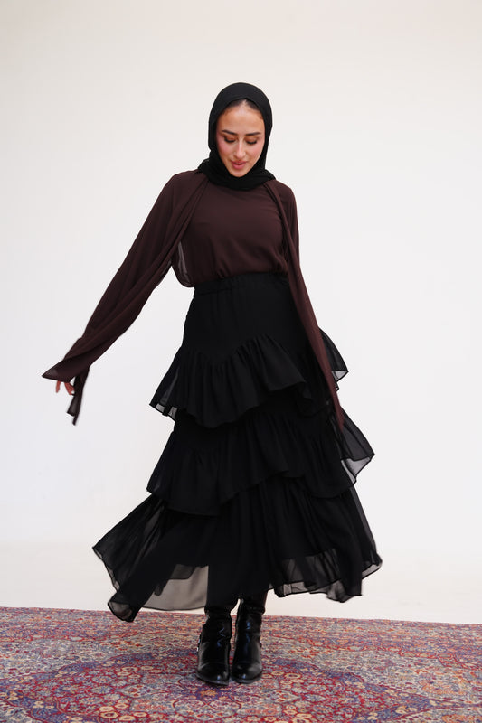 Ruffle Chiffon Skirt in Black
