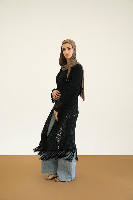 Knit Fringe Cardigan in Black